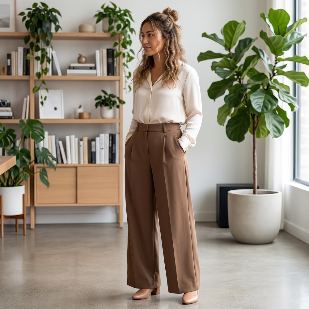 Halara Pants Women M Petite Brown Wide Leg Pleated Trouser Workwear Casual